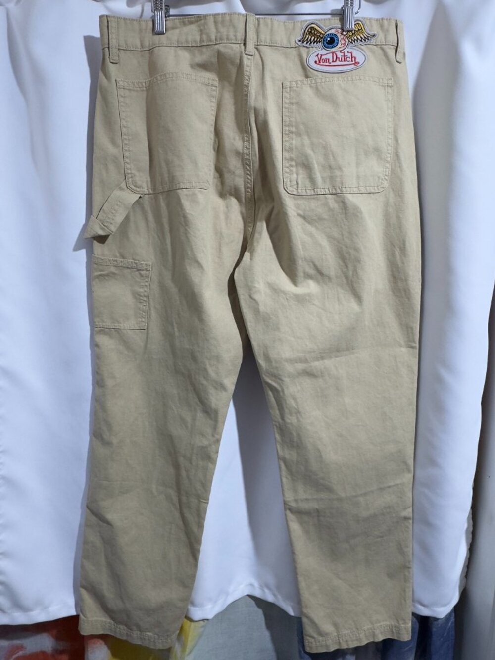 Von Dutch Originals Khaki Canvas Cargo Pants Eyeball Logo Patch Pockets Size 38